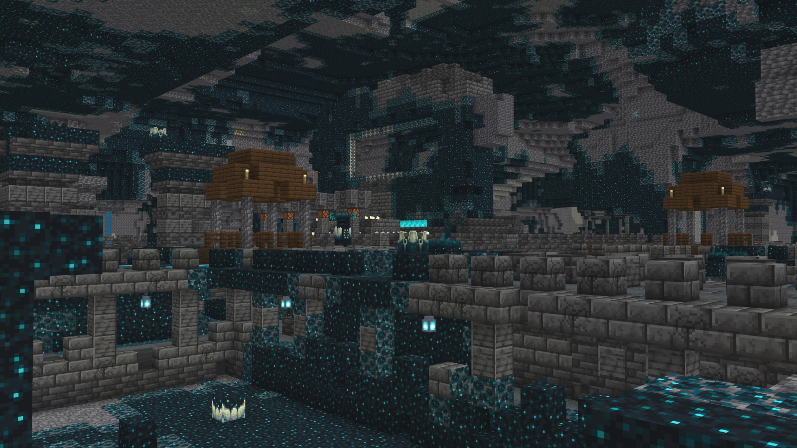 A Minecraft screenshot showing increased sculk patches in an Ancient City.