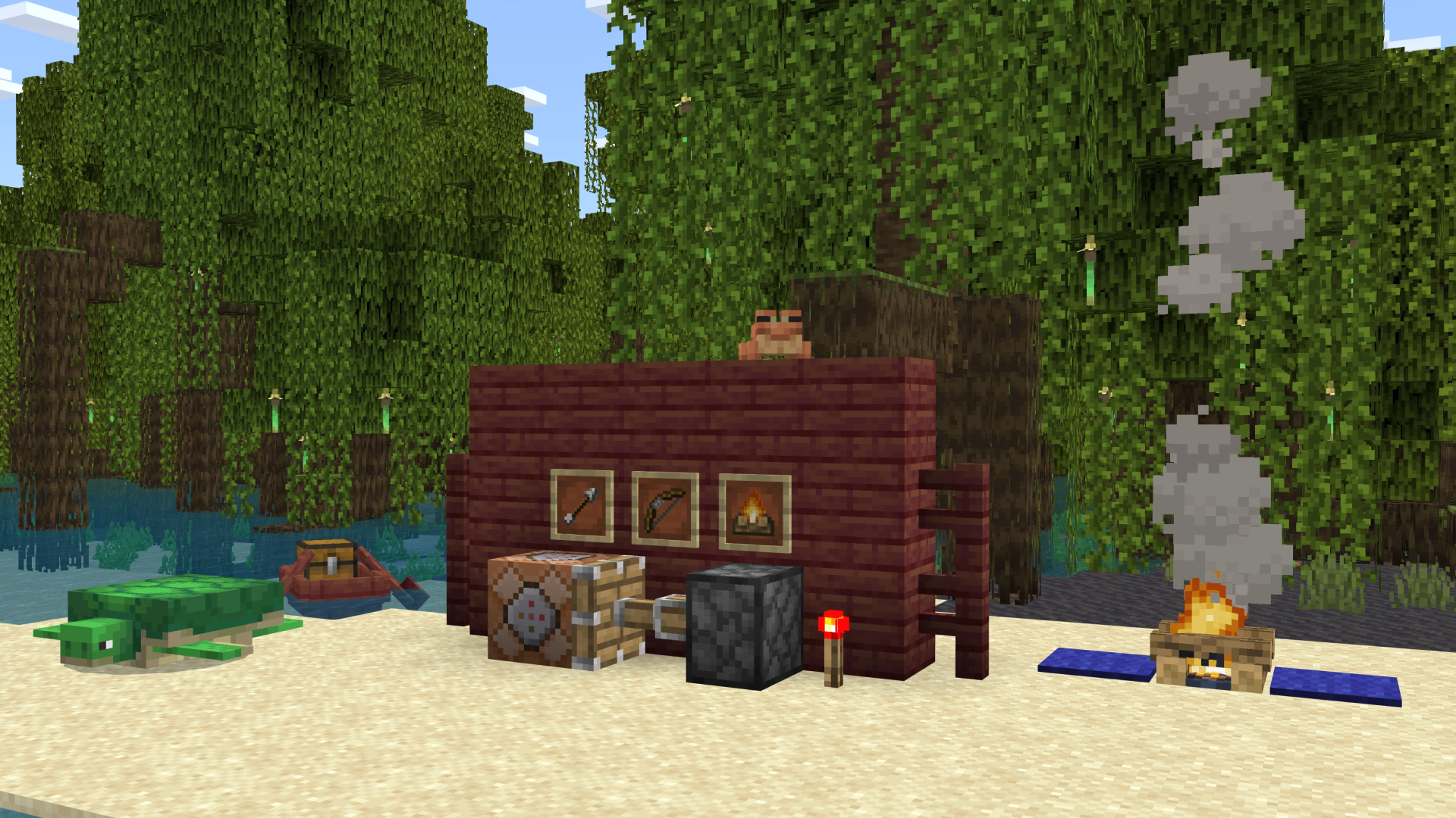 A Minecraft screenshot, featuring some of the relevant items that are included in the list of fixes this week, such as campfires, bows, and command blocks.