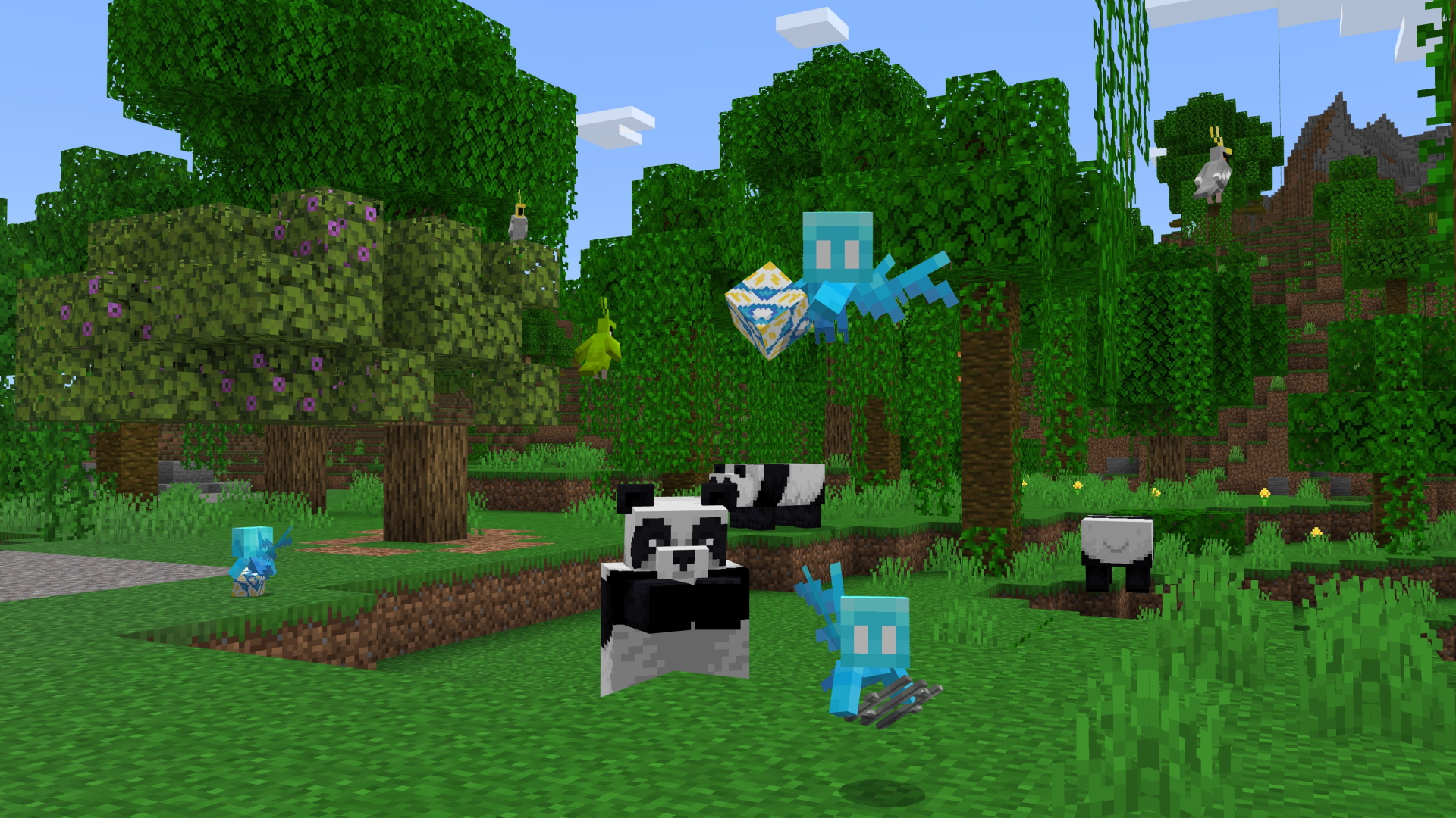 A Minecraft screenshot, featuring allays carrying items, as well as some pandas and parrots in a jungle setting.