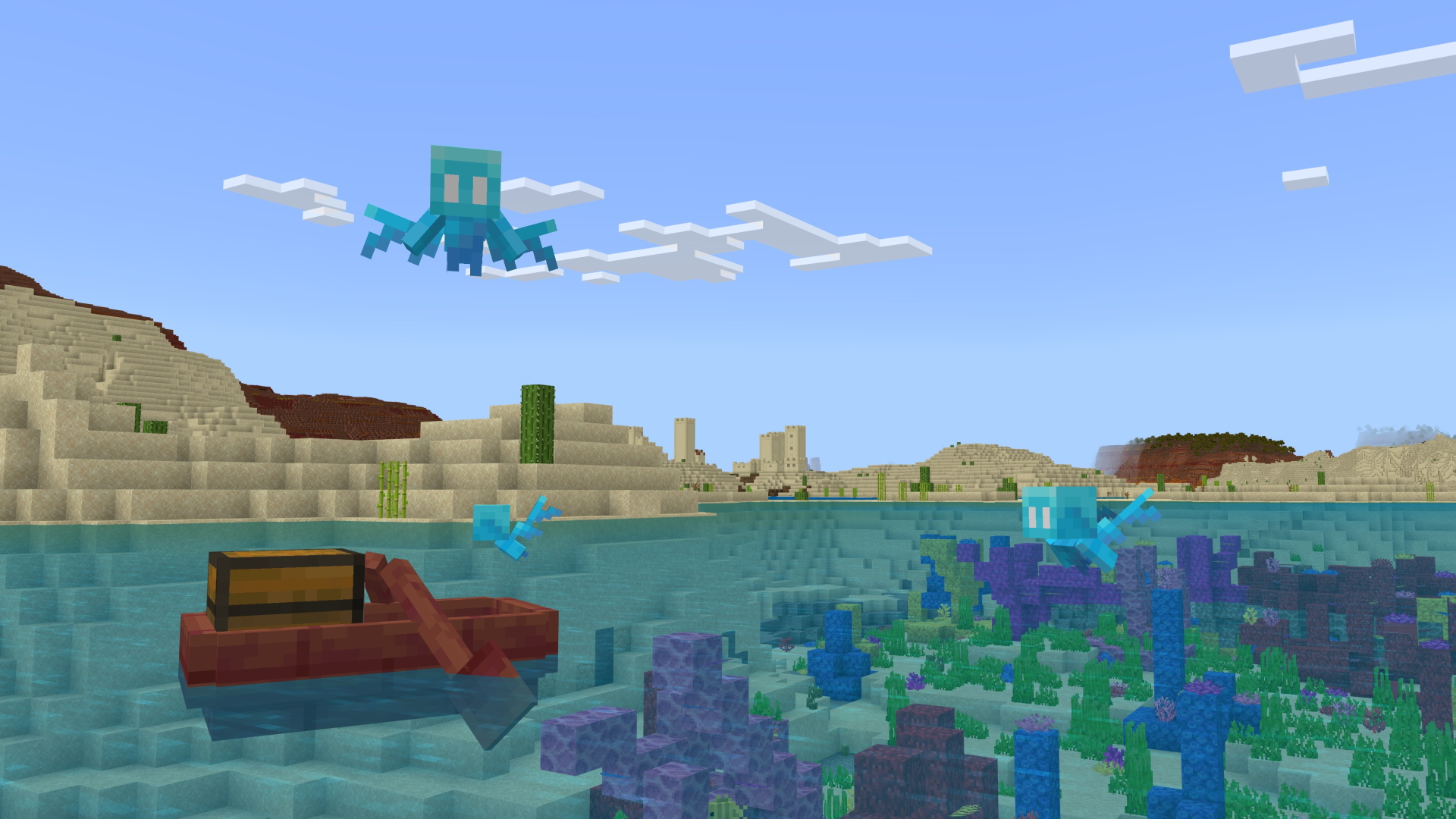 A Minecraft screenshot featuring a chestboat and allays