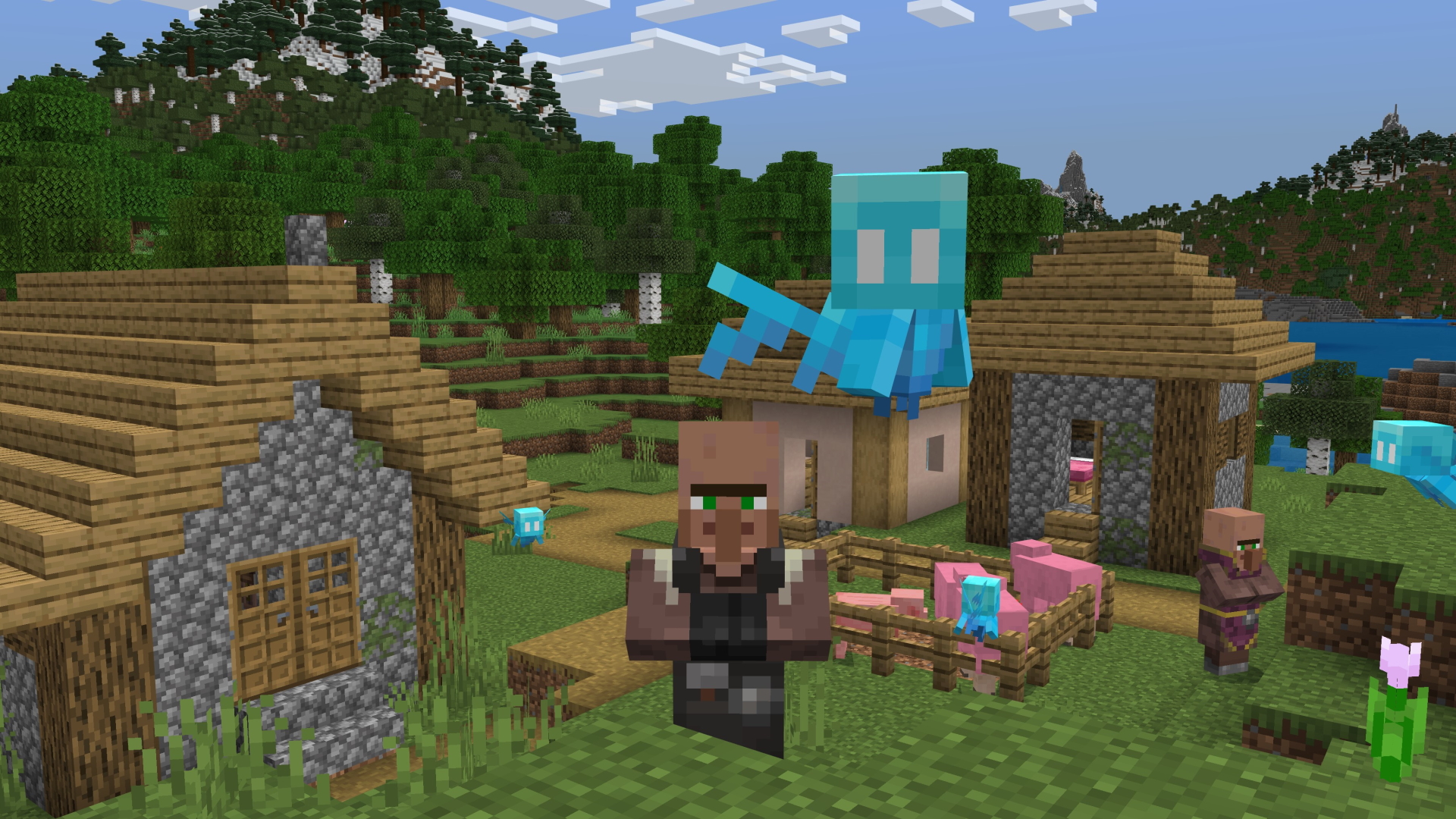 Uma captura de tela do Minecraft, com um Aldeão e Allays em uma vila, com ovelhas cor de rosa em uma caneta.