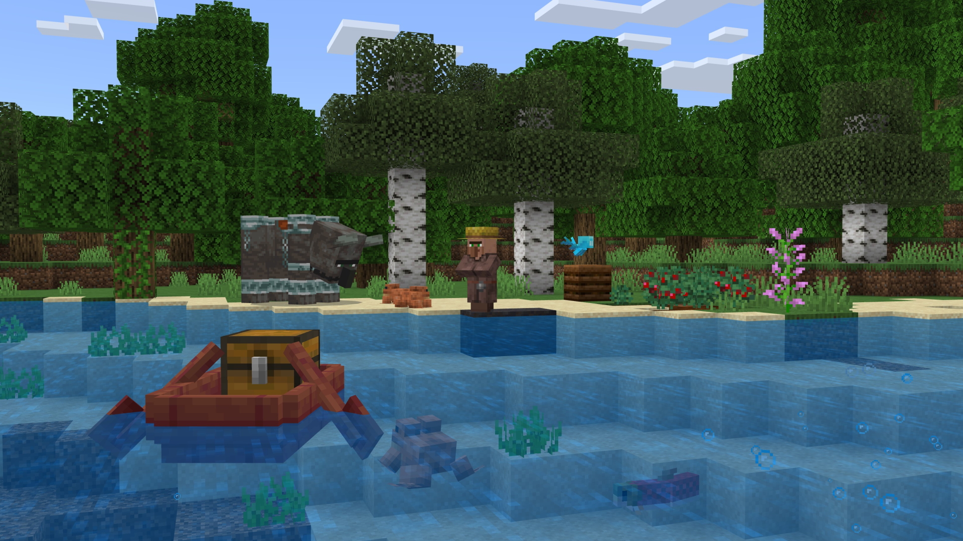 A Minecraft screenshot featuring a chest boat, a ravager, a villager, and some allays