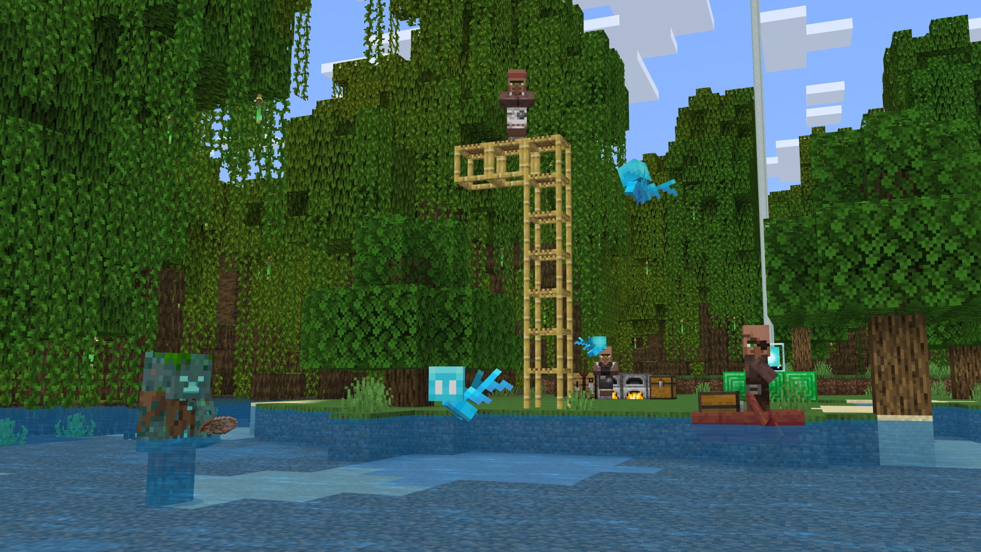 A Minecraft screenshot featuring villagers, allays, and some scaffolding.