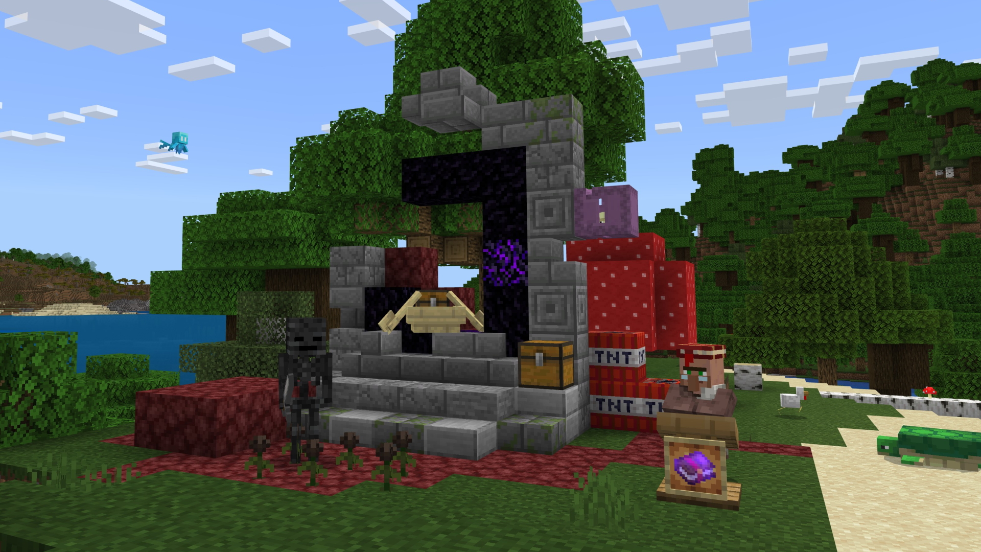 A Minecraft screenshot related to the fixes in this week's preview, with nether portal ruins, a wither skeleton, a villager, and various other mobs in the scene.