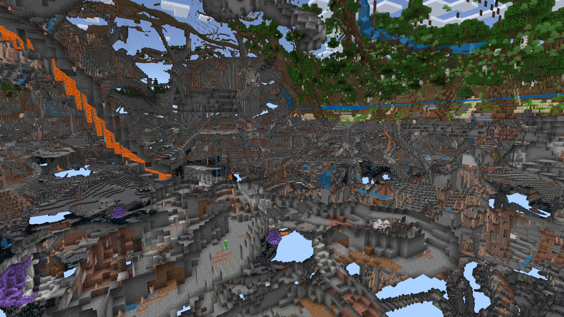 A Minecrfat screenshot showing how the world looks when flying through the terrain using spectator game mode